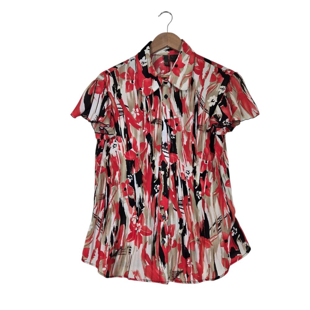 Sere Nade Serenade Top sz M Orange Black Print Button Up Slit Flutter Sleeve